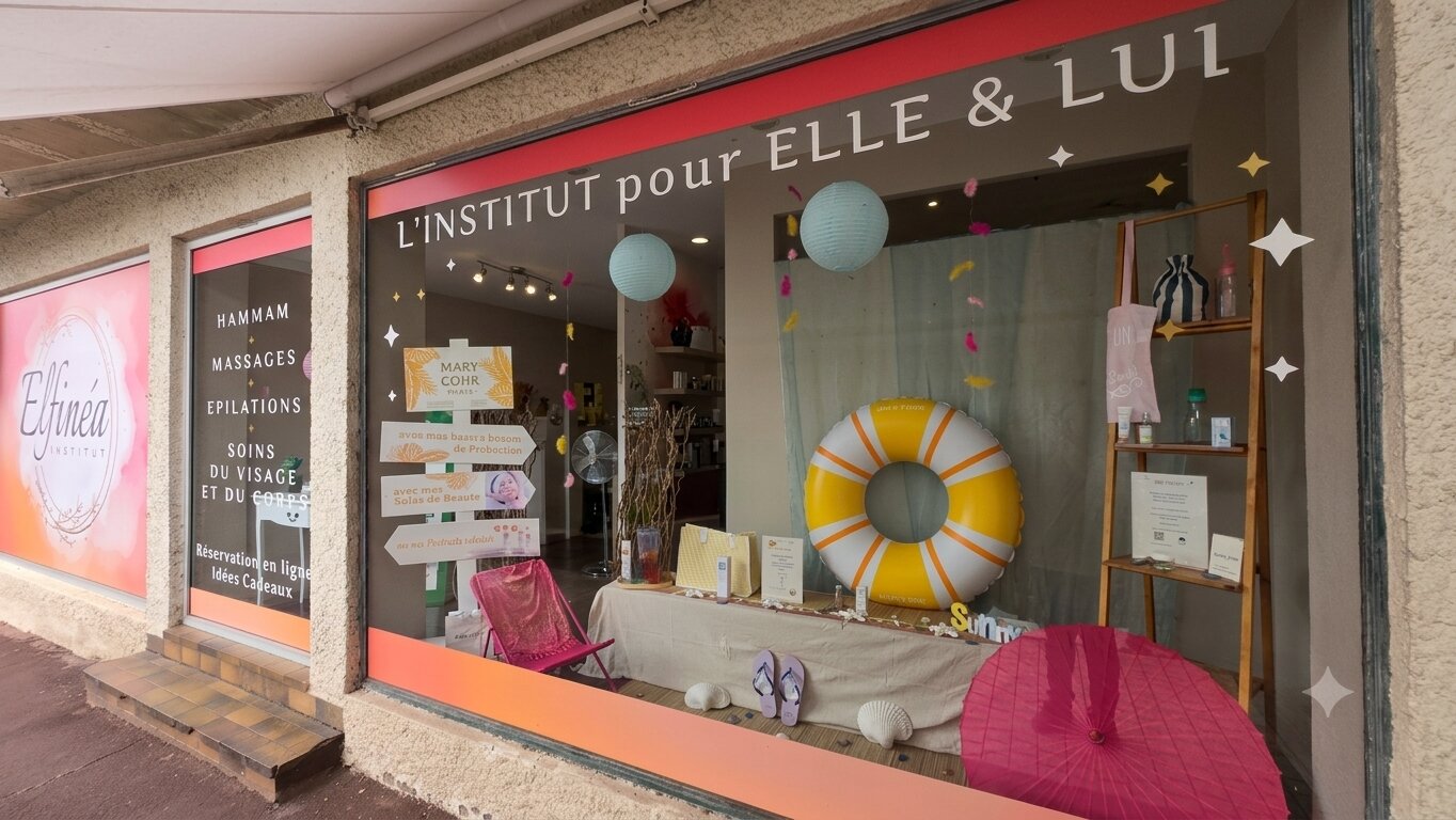 Vitrine de l'institut Elfinéa — L'institut pour elle et lui : hammam, massages, épilations, soins du visage et du corps